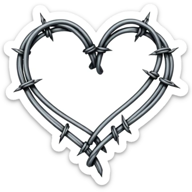 Minimal black line art heart made from barbed wire, hand-drawn sketch look, uneven ink strokes, 6–7 barbs with twisted knots, simple clean outline, centered on plain white background, high contrast sticker
