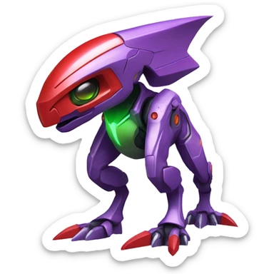 a shiny purple-green-red Genesect-Raptor-Fakémon—hybrid with a futuristic visor-helmet full body sticker