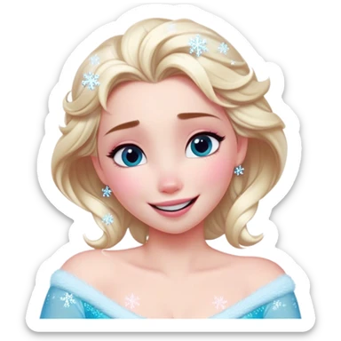 Cinematic Adorable Elsa Portrait Emoji, Giggling as tiny snowflakes swirl around her, cheeks flushed pink from the cold, eyes twinkling with warmth, a heart-melting mix of beauty and playfulness! sticker