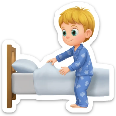3 year old blonde boy with green-blueish eyes in blue pajamas, happy making the bed. Neat, and pillows in order sticker