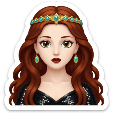 Persephone, Goddess of Death from Gods and Goddesses with long dark auburn hair, black sequin outfit sticker