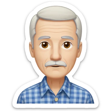 Thin elderly man with light skin. Elongated face with kind expression. Light brown eyes. Thin eyebrows. White goatee and white mustache. Fine straight gray-white hair combed back with some bangs falling on forehead. Slim build. Wearing a blue and beige checkered button-up shirt. sticker
