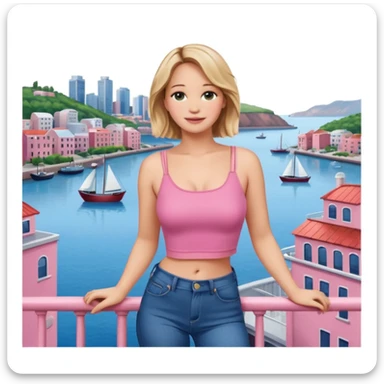 jennifer lawrence, pink crop top, and blue jeans, leaning on a balcony with a harbor and cityscape in the background, smiling sticker