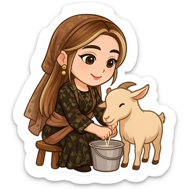 Kurdish cartoon sticker of the same woman in the new dress, milking a sheep or goat, sitting on a stool, holding a bucket, happy and focused, no text, transparent background sticker