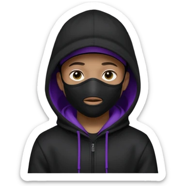Cartoon blacked character related to a shadow, with all black clothes, focusing a hoodie with his cap on and a black facemask, no visible face because of the darkness, just his purple shadow eyes making a light bloom sticker