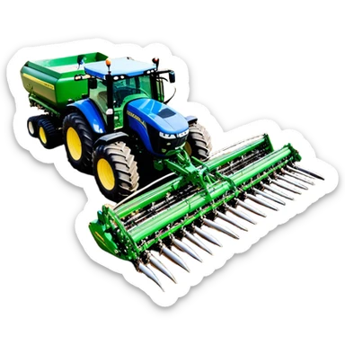 Bourgault 3420 Paralink Hoe Drill (2022) – Cinematic-realistic John Deere 6155M tractor hauling a Bourgault 3420 Paralink Hoe Drill, its powerful green frame pulling the vast blue seeder across endless fields. The machine plants seeds with pinpoint accuracy, leaving precise rows in the rich brown soil,  sticker