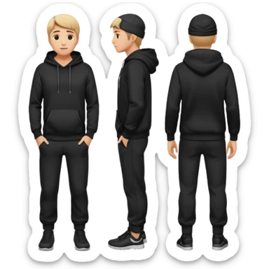 fullbody caucasian man in black hoodie on head, hands in his pockets and black pants rear backview sticker