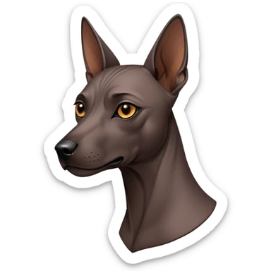 Cinematic Noble Xoloitzcuintle dog Portrait Emoji, Poised and regal, with a sleek, muscular build and smooth, hairless ebony skin accented by subtle wrinkles, deep-set soulful dark eyes, Simplified yet sharp and sophisticated features, highly detailed, glowing with a soft, dignified glow, high shine, intelligent and loyal, stylized with an air of ancient grace, focused and attentive, soft glowing outline, capturing the essence of a watchful and confident guardian, so majestic it feels as though it could stride out of the screen with effortless authority! sticker