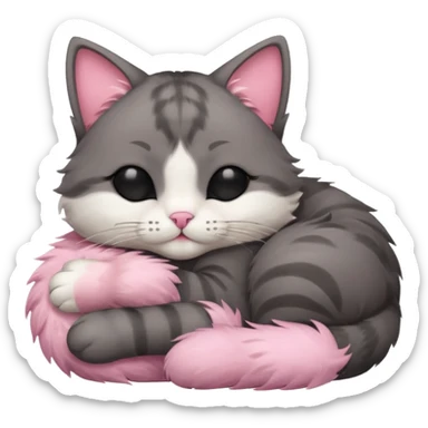 dark grey and white small cat with eyes closed, leaning his head on his paw while leaning on his elbow lying down sticker