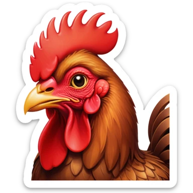 Cinematic Cute Brown Rooster Portrait Emoji, Head tilted playfully and inquisitively, featuring a glossy, immaculate brown plumage with a vibrant red comb, round, sparkling warm eyes filled with curiosity, Simplified yet irresistibly adorable features, highly detailed, glowing with a warm, friendly glow, high shine, affectionate and spirited, stylized with a touch of farmyard whimsy, bright and endearing, soft glowing outline, capturing the essence of a mischievous yet loving rooster, so playful it feels like it could strut out of the screen and into your arms! sticker