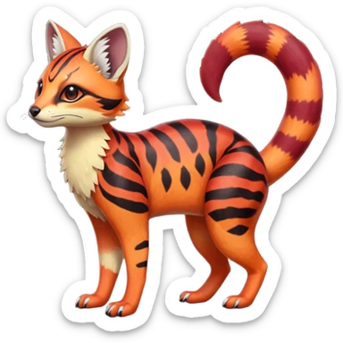Rare realistic red burgundy sanguine orange black gradients lush tropical exotic cute epic pretty beautiful handsome gorgeous aesthetic colorful vibrant Vernid-Protogen-Primagen-Wickerbeast-Genet-Trico-species-Fakemon-hybrid-creature by LiLaiRa, beautiful intricate markings, full body sticker