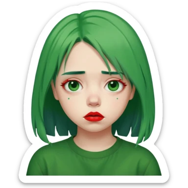 girl with green hair like Billie Eilish and red lipstick, sad expression sticker