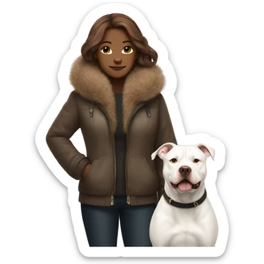 white woman with long brown hair in a furry jacket standing alongside a white pitbull sticker