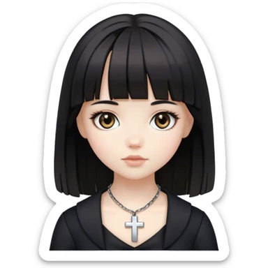 A pale white doll girl with medium black hair and bangs with big light brown eyes wearing black clothes and a cross necklace sticker