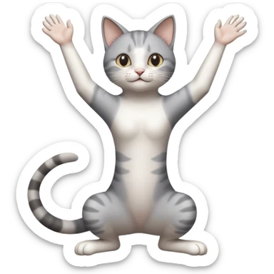 grey and white cat doing a big long stretch reaching up into the air with arms and legs together sticker