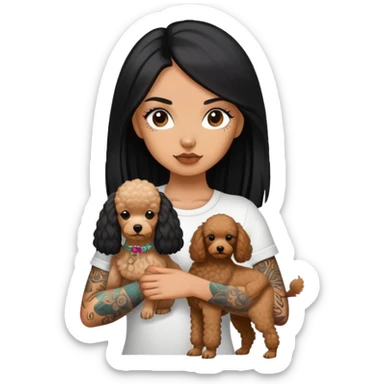 girl with long black  straight hair and tattoos and a  white Yorkshire and a brown poodle sticker