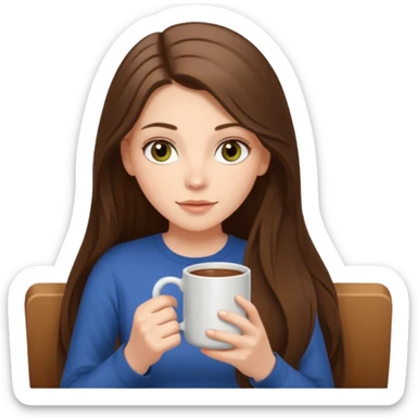  white long brunette hair girl with hazel eyes reading with a mug sticker