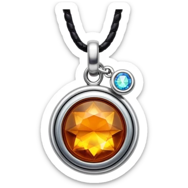 extreme close up of a round cut holographic amber charm with silver metal accent and leather cord sticker