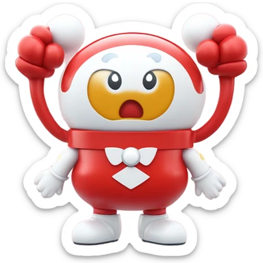 Very shiny full body character with pill capsule head with retro antennae and jetsons aesthetic sailor moon eyes  puffy body and welcoming waving arms Japanese animation inspired Anpanman with big boots and antennae red and white colors only sticker