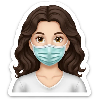 A white girl with long dark brown wavy hair and face mask sticker