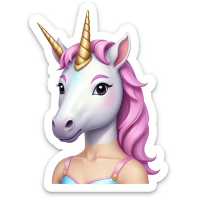 anthropomorphised female unicorn ballerina, horse-like unicorn face with muzzle, mane, ears, prominent horn, head and shoulders, relaxed pose sticker