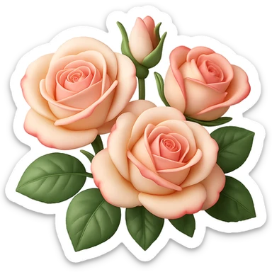 Create a square 3D illustration of a bouquet of three white-pink roses with buds and leaves in the style of iOS Apple emoji, featuring voluminous petals, on a transparent background. The style should mimic the detailed, colorful, and slightly glossy look of Apple emojis with a 3D effect. sticker