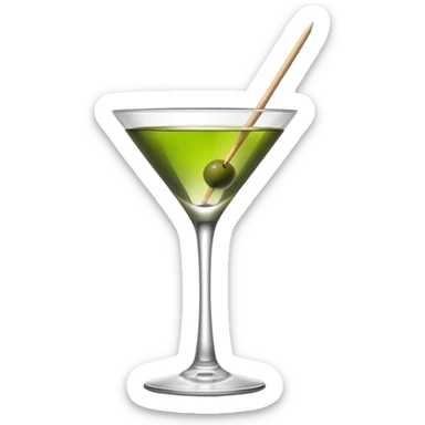 martini glass with absolutely clear water-like liquid, no color tint whatsoever, completely transparent, with a single green olive at the bottom on a wooden toothpick sticker