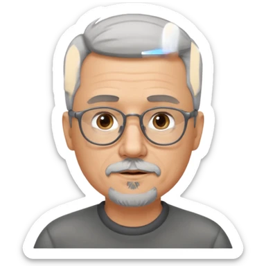 54 year old man, short shaved grey hair, goatee, glasses sticker