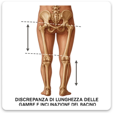 Medical style hyperrealistic posterior view highlighting the difference in leg length: one leg visibly shorter than the other, pelvis tilted for compensation. Add arrows, reference lines, and an anatomical caption in Italian to make the concept immediately understandable. Remove background. Variation 1. sticker