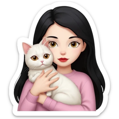 Beautiful Skinny Girl Long Hair black, Brows Big , Skin White, Sweater Pale Pink , Big Red Lips, Eyes coffe,Hug baby Persa Cream Cat With Cute Eyes sticker