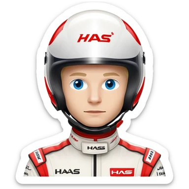 Kevin Magnussen, Formula 1 driver for Haas team, with blue eyes, wearing white and red Haas racing suit and helmet sticker