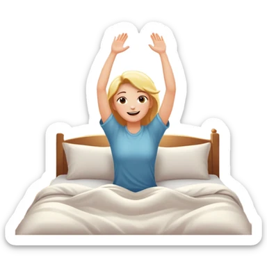 person waking up in bed, stretching with sunlight coming through the window, cheerful and fresh sticker