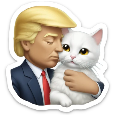 Photo realistic, Donald Trump, kissing and embracing white cat, sticker