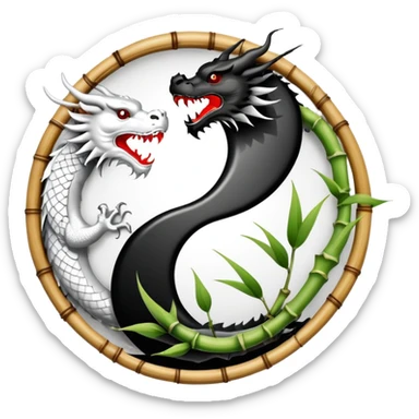 An icon symbolizing Eastern martial arts in the style of an emblem, with a black-and-white Yin-Yang symbol at the center. A dragon is placed on either side, representing strength and wisdom. The design includes bamboo and traditional elements. Transparent background sticker