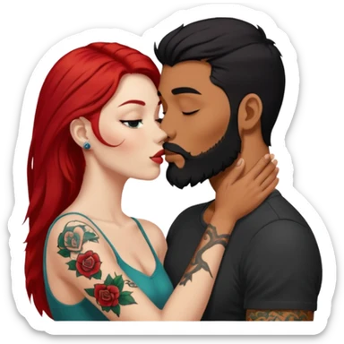 Long red hair woman with white skin kissing man with tan skin, short black hair, beard, & tattoos sticker