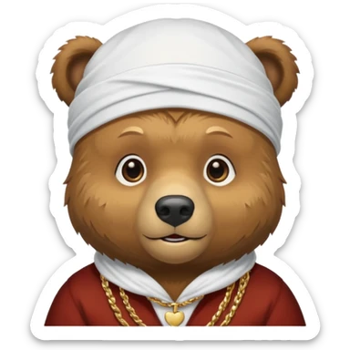 cute Russian grizzly bear wearing a white durag, with a gold chain sticker