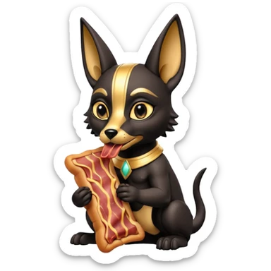  mean Short-eared Black fur beautiful female alien anubis puppy statue posed biting on bacon packaging  sticker