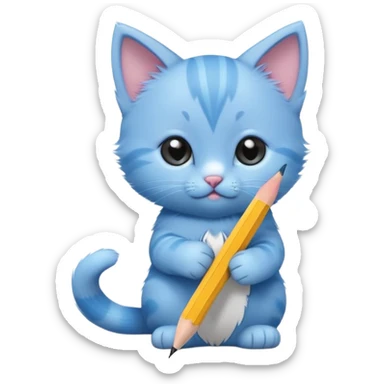 Close-up of a cute blue kitten holding a pencil in its paw, writing something. The pencil is sharpened on only one side. Minimalist design with a focus on the kitten and the pencil, minimal details sticker