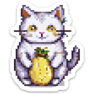 goofy cat with a banana body, pixel art style, retro game look sticker