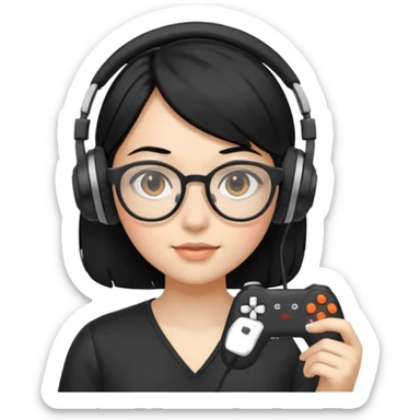 
gamer, black hair girl with glasses, headphone, gamepad sticker