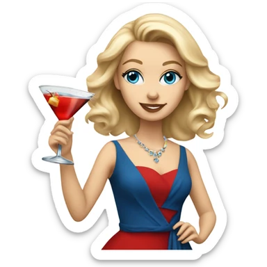 Beautiful blonde white woman with blue eyes and red dress dancing with martini sticker