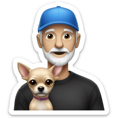 Old man with blue eyes goatee beard ball cap and holds cute black long fur Chihuahua sticker