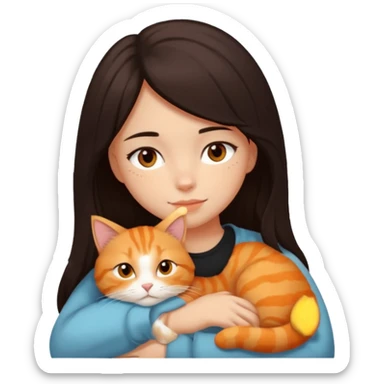 dark-black-brown-hair-to-shoulder girl with brown eyes snuggled with orange tabby cat sticker