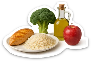 Riso basmati
Petto di pollo
Verdura fibrosa verde
Olio EVO
Mela
vista frontale, iperrealistico 4k sticker