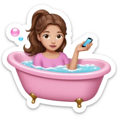 girl with wavy long ponytail brown hair, brown eyes, light to medium complexion, long lashes, light pink lipstick, wearing light pink shirt, lying full body in a white bathtub with bubbles sticker