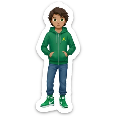 a 14 year old slightly tanned teenage boy with dark brown tousled wavy hair, dark brown eyes wearing a green tshirt, a dark green hoodie, blue jeans and green nike air jordans sticker