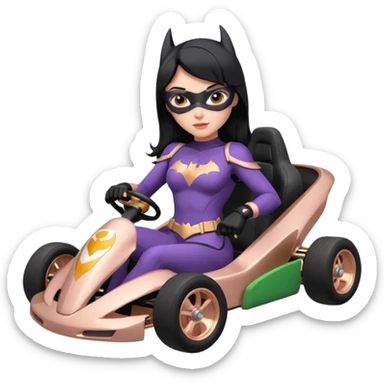 full size real-appearance electric road racing sexy BatGirl’s feminine midnight-colored tight outfit sixty’s tv show dark stealthy accurate sporty safe plush deluxe off-road pursuit cruiser car rose gold accents (black hair,reclined and relaxed torso and shoulders seating position) go kart  sticker