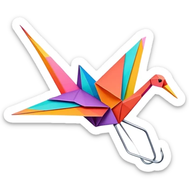 Paper crafting icon, origami crane, folded paper shapes, scissors, vibrant paper, clean folds, minimalistic style, transparent background. sticker