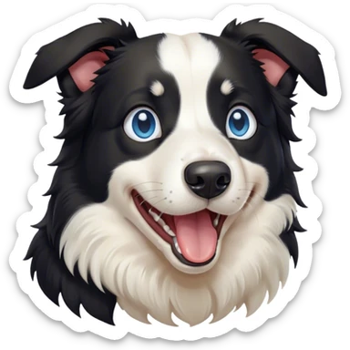 Cinematic Cute Yawning Black and White Border Collie Portrait Emoji, Head tilted slightly with a dramatic, wide-open yawn, showcasing a smooth black and white coat, floppy ears slightly drooping, round blue eyes barely open in drowsy contentment, Simplified yet irresistibly adorable features, highly detailed, glowing with a soft, cozy glow, high shine, relaxed yet alert, stylized with a touch of whimsy, bright and endearing, soft glowing outline, capturing the essence of a sleepy yet spirited herder, so drowsy it feels like it could stretch right out of the screen and curl up for a nap! sticker