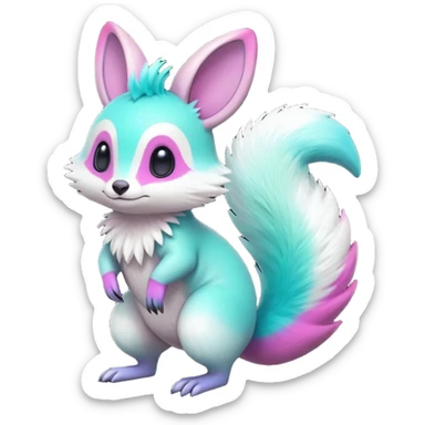 Iridescent Neon Green-Cyan-Magenta-gradients Minccino-Emolga-Numbat-Sergal-fusion-hybrid-animal-creature, full body sticker